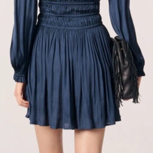Maje Satin dress with ruffles- Navy - Picture 2 of 4